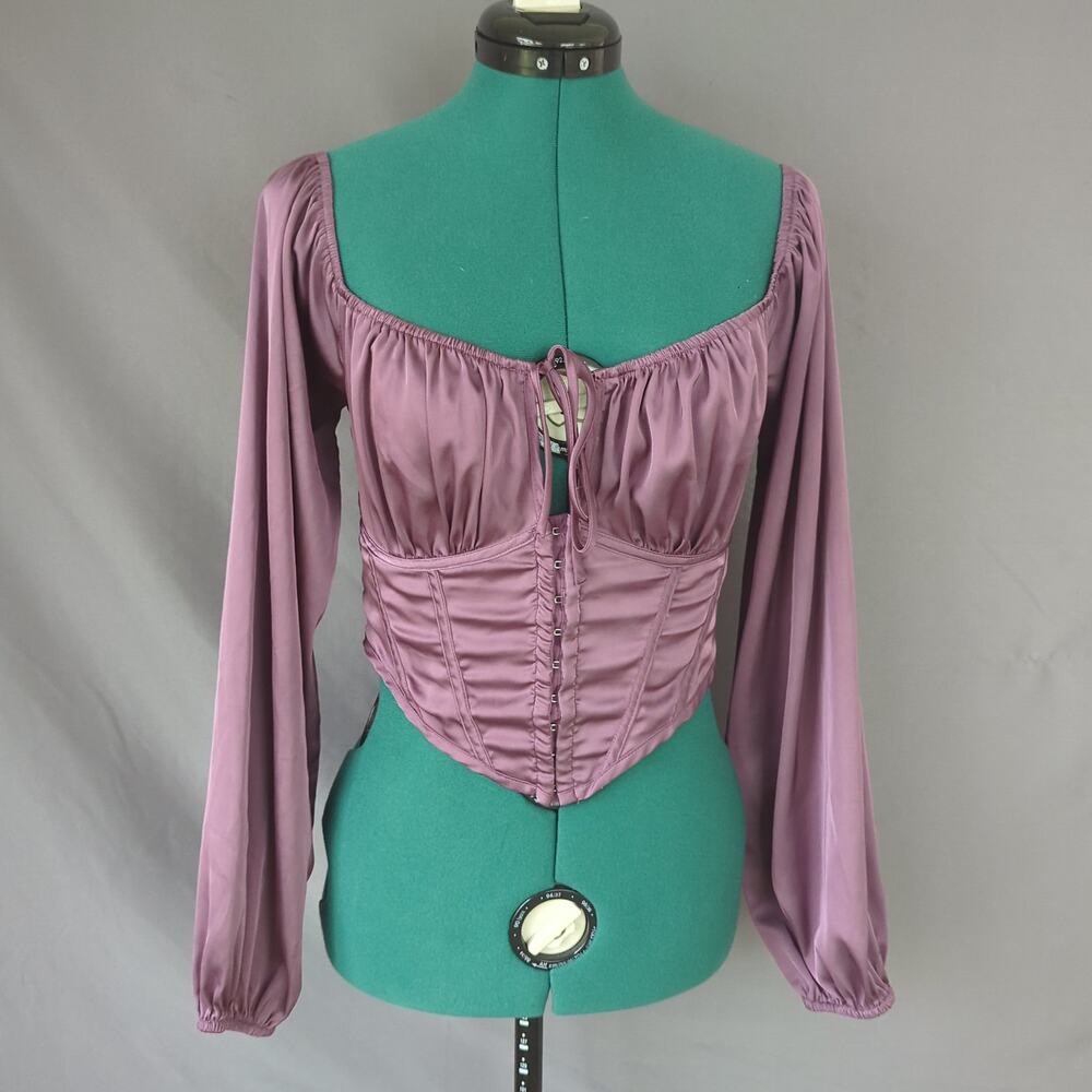 Forever 21 Mauve Ruched Smocked Cropped Long Sleeve Top Y2K Boho